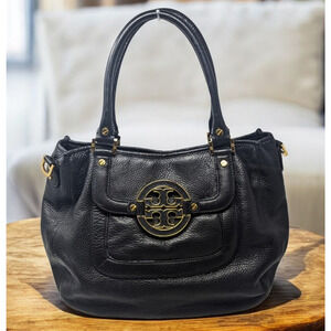 Tory Burch Amanda  Tote Hobo Black Pebbled Leather Handbag Purse